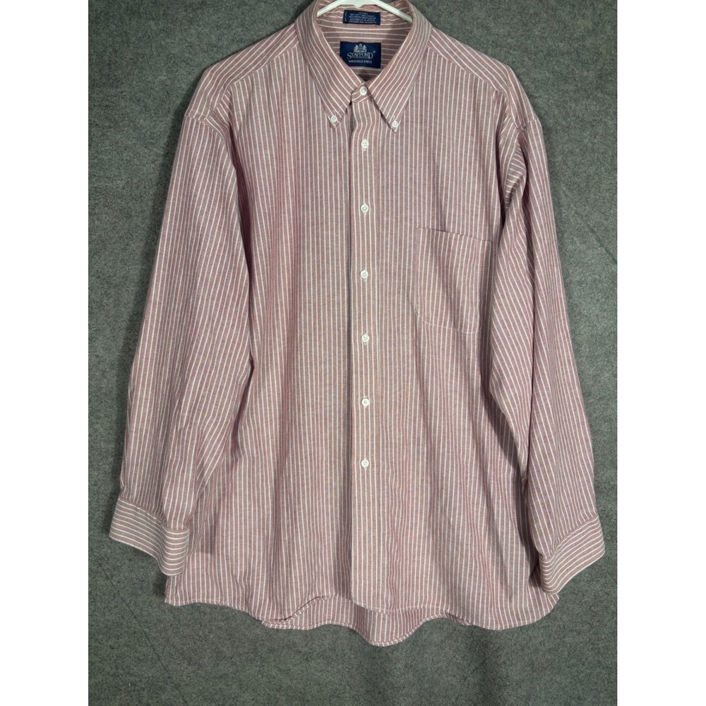 Stafford Mensโ 18 34/35 Red White Striped Oxford Dress Shirt Wrinkle Free Button
